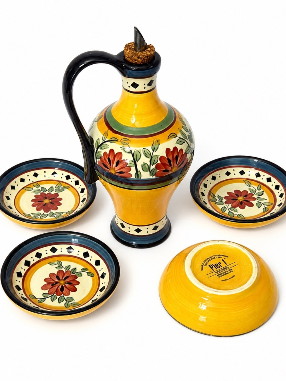 Pier 1 Alexandria Oil & Vinegar Cruet Set with 4 Dipping Bowls – Hand Painted